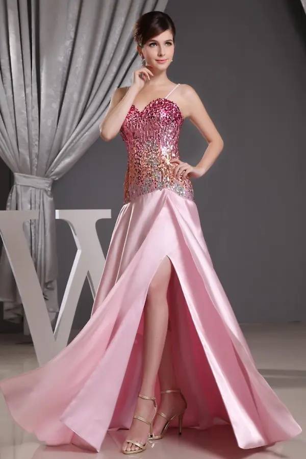 Stylish Spaghetti Straps Sequins Sleeveless Zipper Floor Length Slit Prom Dresses