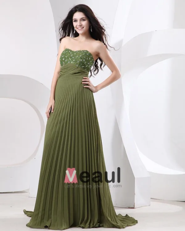 Chiffon Applikasjon Krusning Beaded Kjaereste Gulv Lengde Aftenkjoler Selskapskjoler