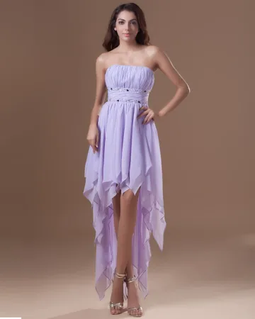 En Mousseline A Volants Perles Bretelles Longueur Asymetrique Plissee Femmes Hautes Basses Robe De Cocktail