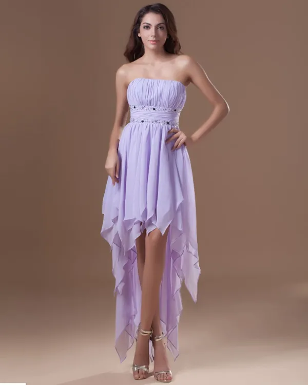 Chiffon Ruffle Beading Strapless Pleated Asymmetrical Length High Low Women Cocktail Dress