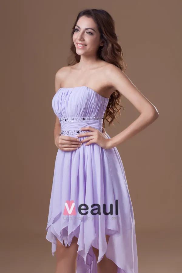 Chiffon Rüschen Trägerlosen Plissiert Asymmetrischen Länge Hochcocktailkleid Niedrigen Frauen