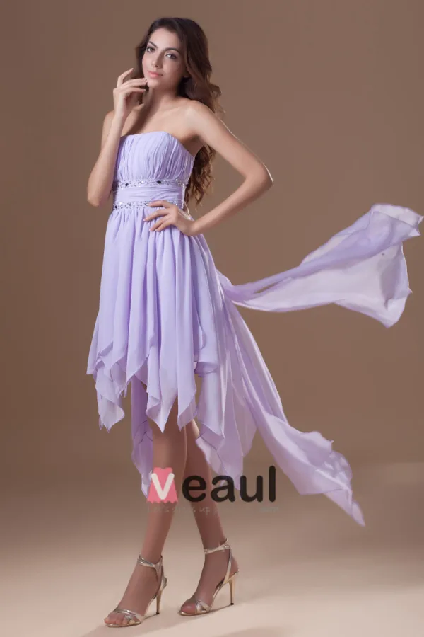 Chiffon Rüschen Trägerlosen Plissiert Asymmetrischen Länge Hochcocktailkleid Niedrigen Frauen