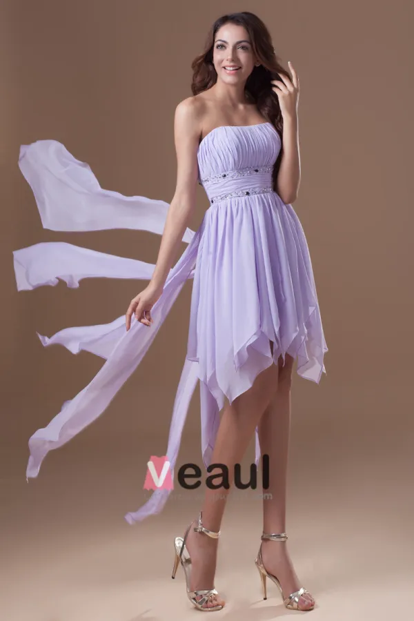 Chiffon Rüschen Trägerlosen Plissiert Asymmetrischen Länge Hochcocktailkleid Niedrigen Frauen