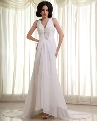 Chiffon Satin Ruffles Applique V Neck Cathedral Length Sheath Wedding Dresses