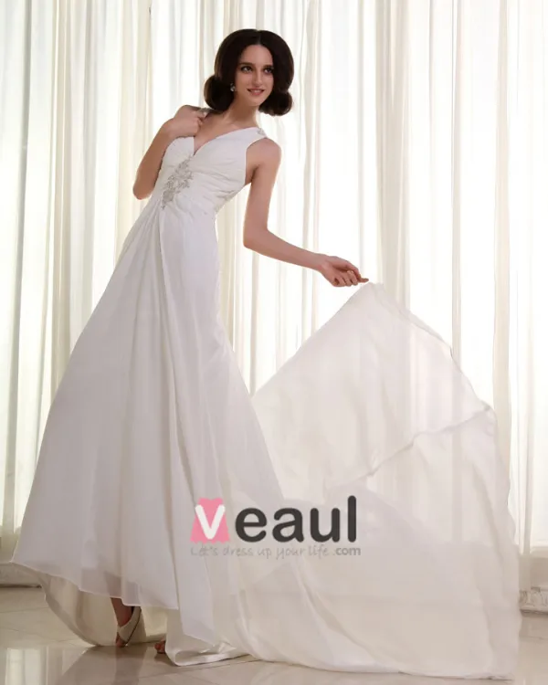 Satin Mousseline De Soie Volants Applique V-cou Cathedrale Longueur Des Robes De Mariée De La Gaine