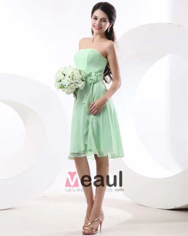 Flowers Chiffon Strapless Knee Length Bridesmaid Dresses