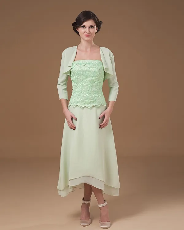 Absorbing Strapless Tea Length Applique Chiffon Mother of the Bride Dress