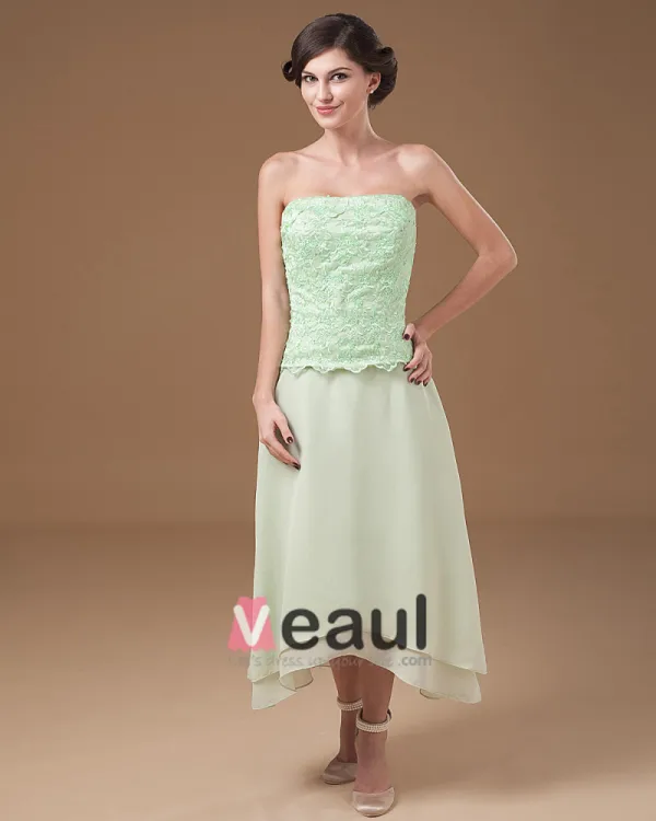 Absorbing Strapless Tea Length Applique Chiffon Mother of the Bride Dress