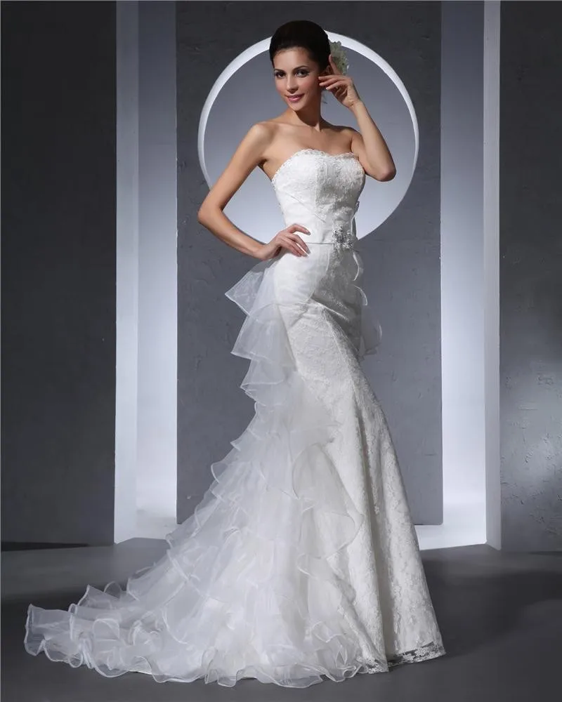 Kjaereste Gulv Lengde Blonder Perler Organza Ruffles Kvinner Havfrue Brudekjoler Bryllupskjoler