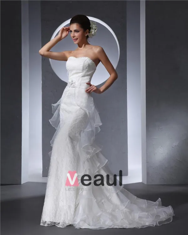 Sweetheart Floor Length Lace Beading Organza Ruffles Women Mermaid Wedding Dress