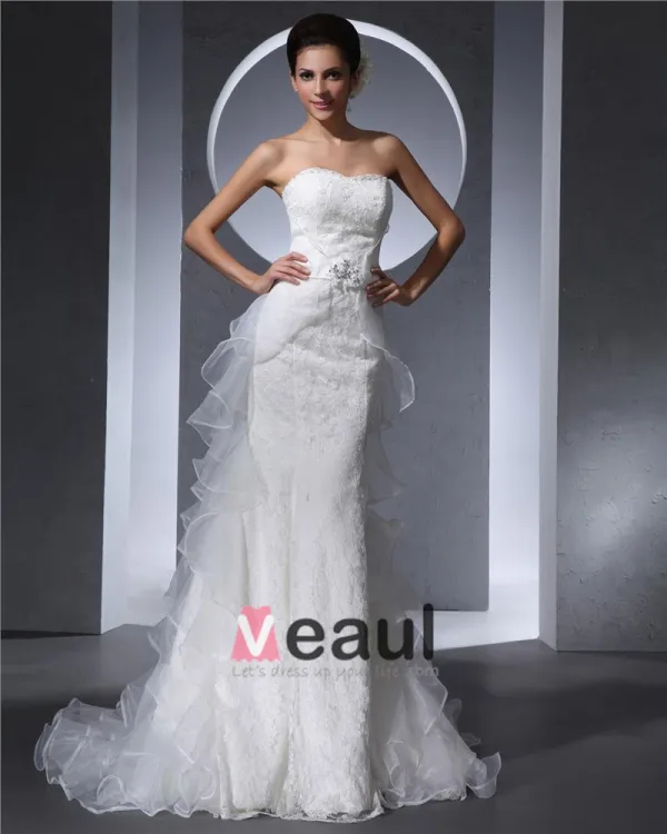 Sweetheart Floor Length Lace Beading Organza Ruffles Women Mermaid Wedding Dress