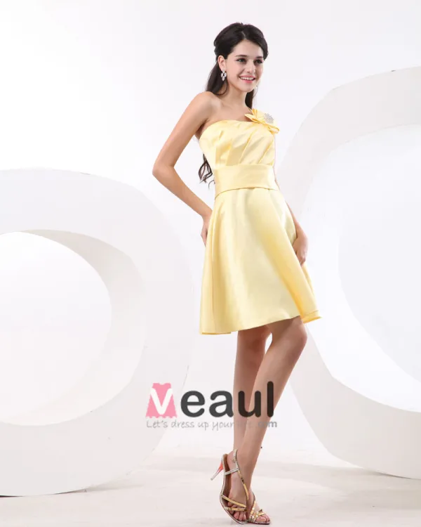 Ruffle One Shoulder Satin Knee Length Bridesmaid Dresses