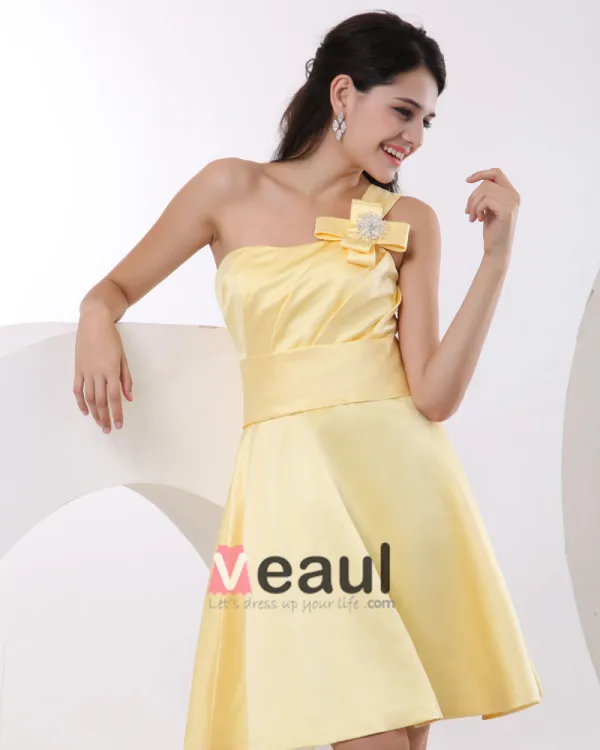 Ruffle One Shoulder Satin Knee Length Bridesmaid Dresses