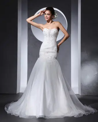 Beautiful Beading Ruffle Sweetheart Floor Length Court Train Organza Satin A Line Wedding Dress