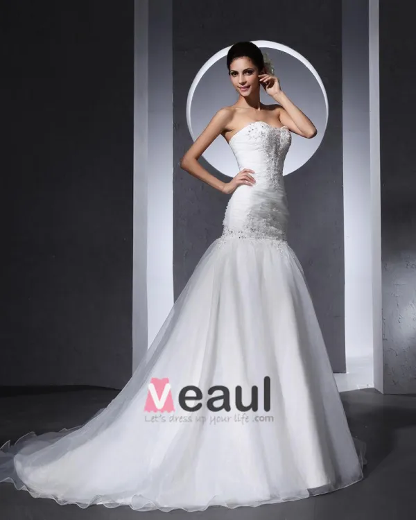 Beautiful Beading Ruffle Sweetheart Floor Length Court Train Organza Satin A Line Wedding Dress