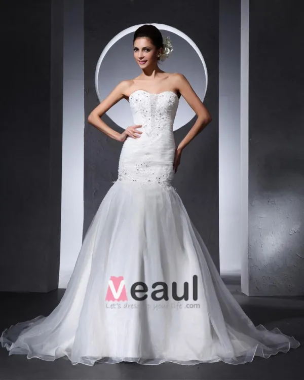 Beautiful Beading Ruffle Sweetheart Floor Length Court Train Organza Satin A Line Wedding Dress
