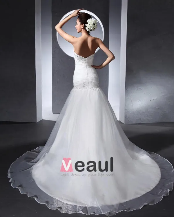 Beautiful Beading Ruffle Sweetheart Floor Length Court Train Organza Satin A Line Wedding Dress