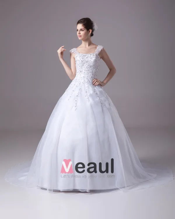 Square Floor Length Beading Applique Satin Yarn Ball Gown Wedding Dress