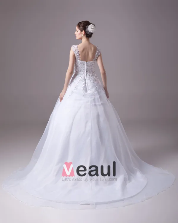 Square Floor Length Beading Applique Satin Yarn Ball Gown Wedding Dress