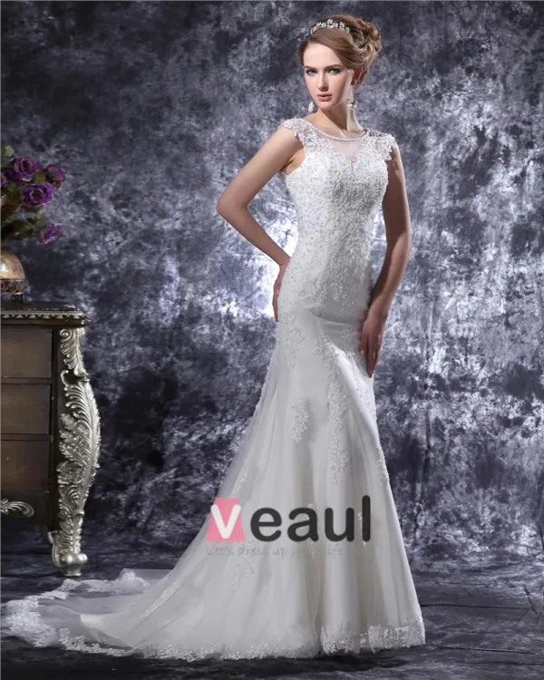 V Cou De Perles Applique Etage Longueur Satin Robe De Mariée Fourreau