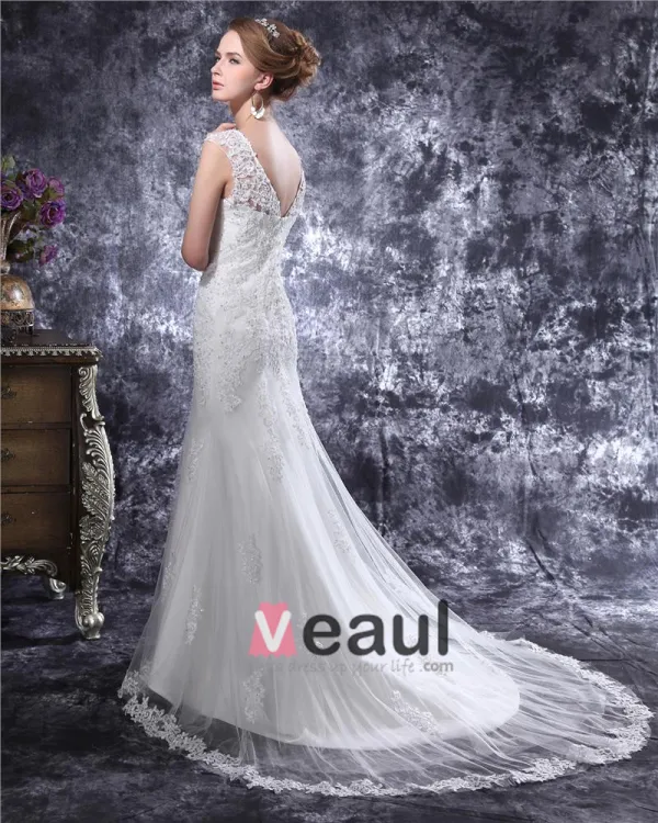 V Cou De Perles Applique Etage Longueur Satin Robe De Mariée Fourreau