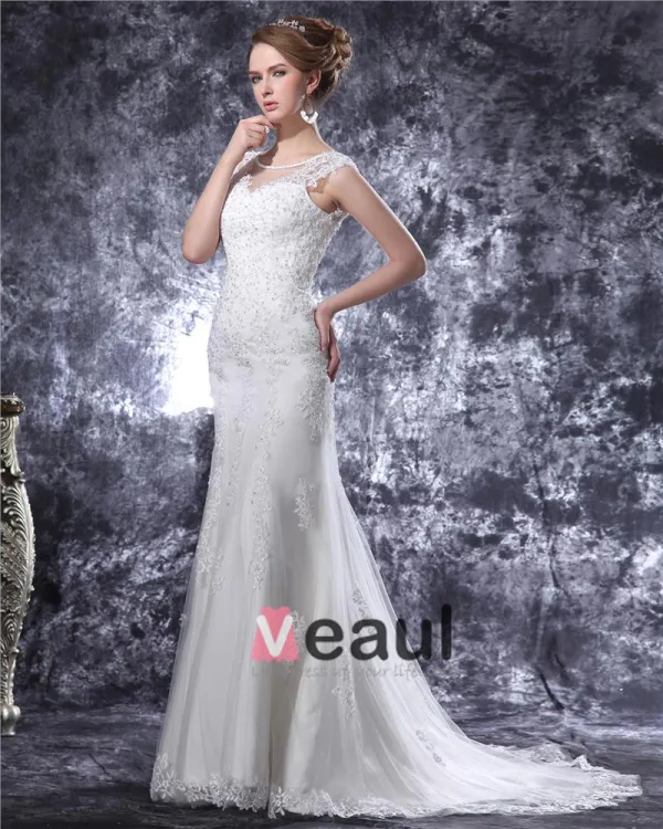 V Cou De Perles Applique Etage Longueur Satin Robe De Mariée Fourreau