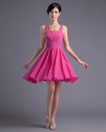 Fashion Chiffon Pleated Square Thigh Length Bridesmaid Dress
