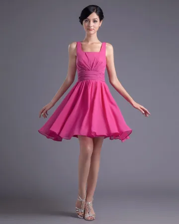 Fashion Chiffon Pleated Square Thigh Length Bridesmaid Dress
