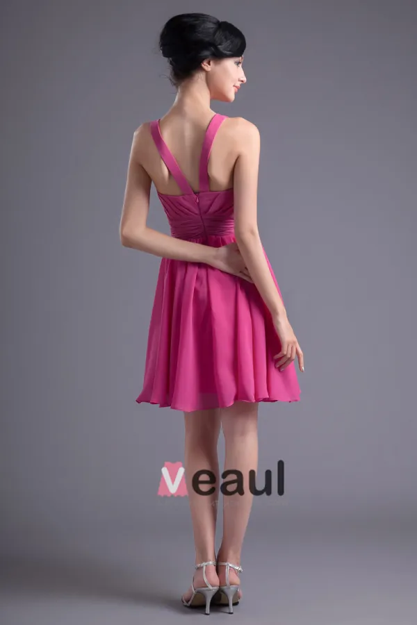 Fashion Chiffon Pleated Square Thigh Length Bridesmaid Dress