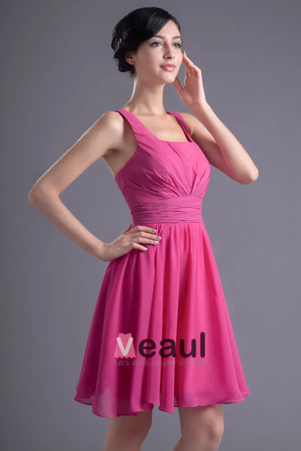 Fashion Chiffon Pleated Square Thigh Length Bridesmaid Dress