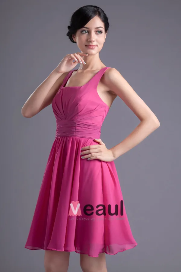 Fashion Chiffon Pleated Square Thigh Length Bridesmaid Dress