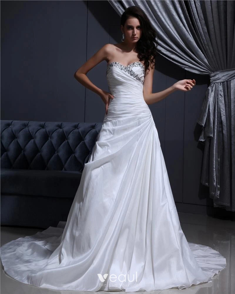 Sweetheart Floor Length Beading Pleated Taffeta Cathedral Train A