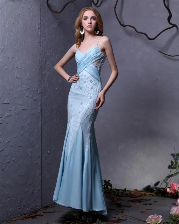 Elegant Chiffon Beaded Pleated Spaghetti Strap Ankle Length Women Prom Dress