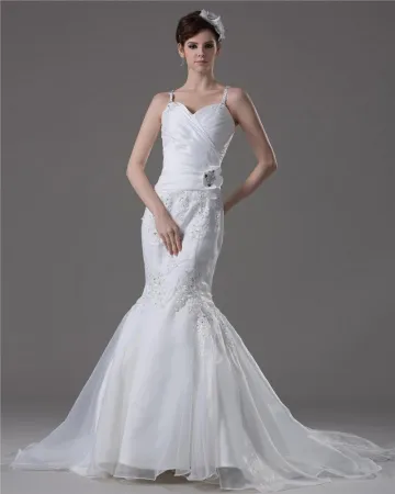 Bretelles Spaghetti Plissee Perles Etage Longueur Robe De File De Mariée Sirène