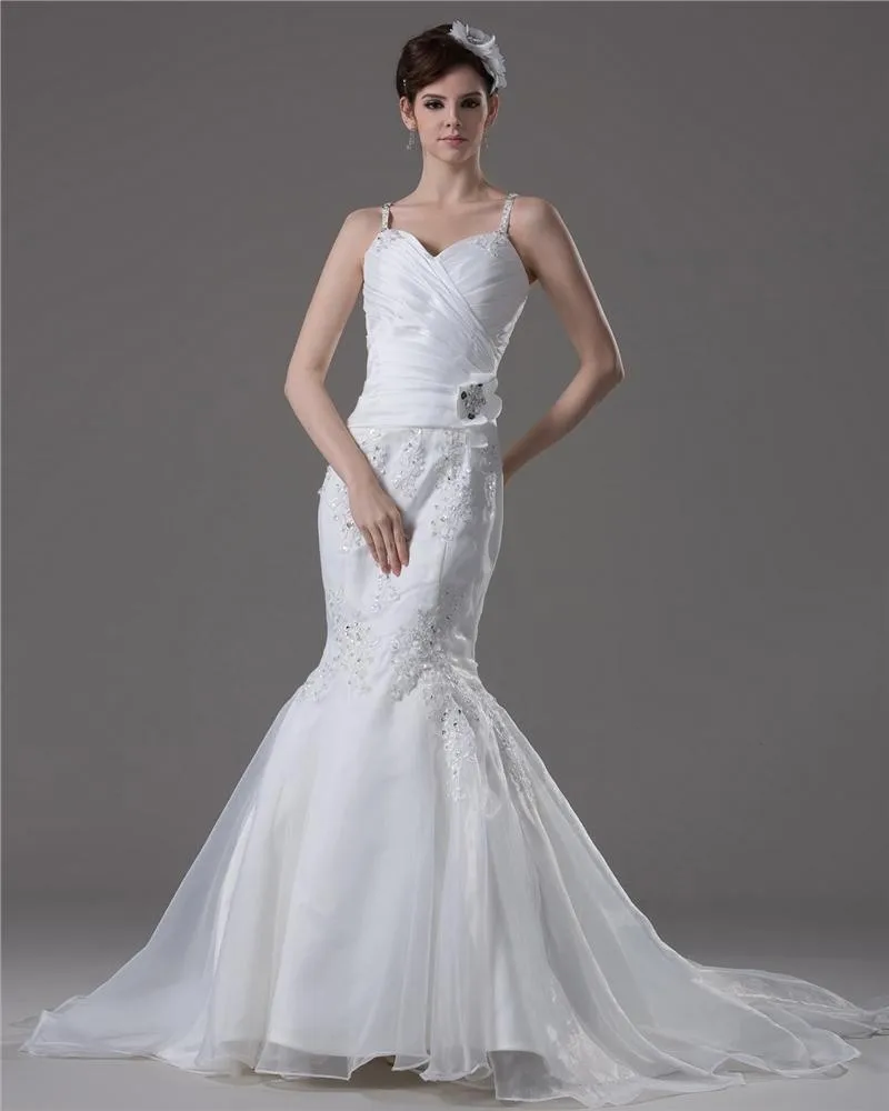 Spaghettistropper Plissert Beading Gulv Lengde Garn Havfrue Brudekjoler Bryllupskjoler