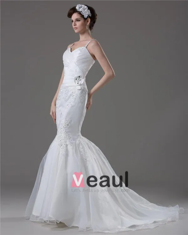 Bretelles Spaghetti Plissee Perles Etage Longueur Robe De File De Mariée Sirène