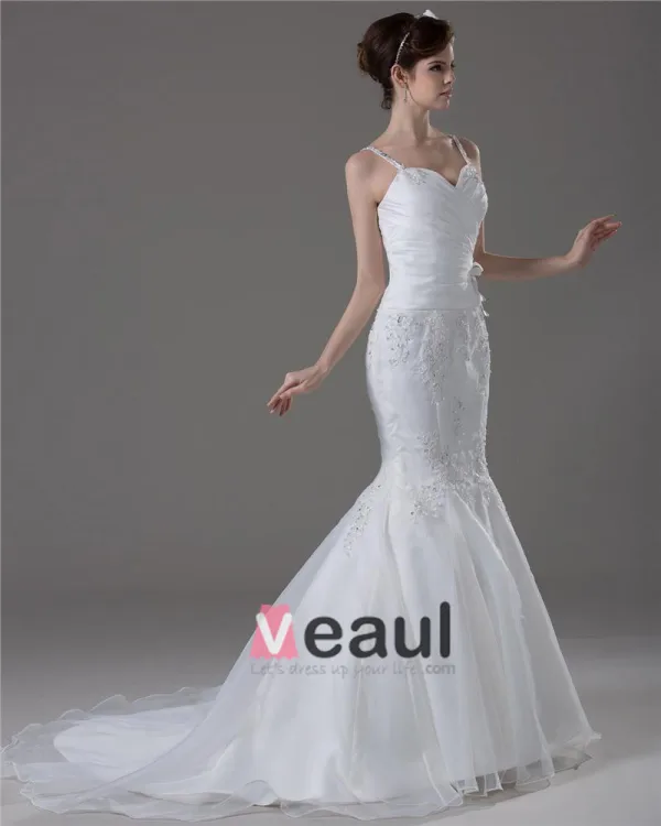 Bretelles Spaghetti Plissee Perles Etage Longueur Robe De File De Mariée Sirène
