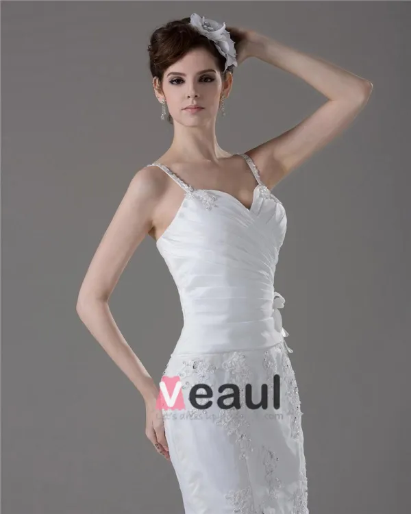 Bretelles Spaghetti Plissee Perles Etage Longueur Robe De File De Mariée Sirène