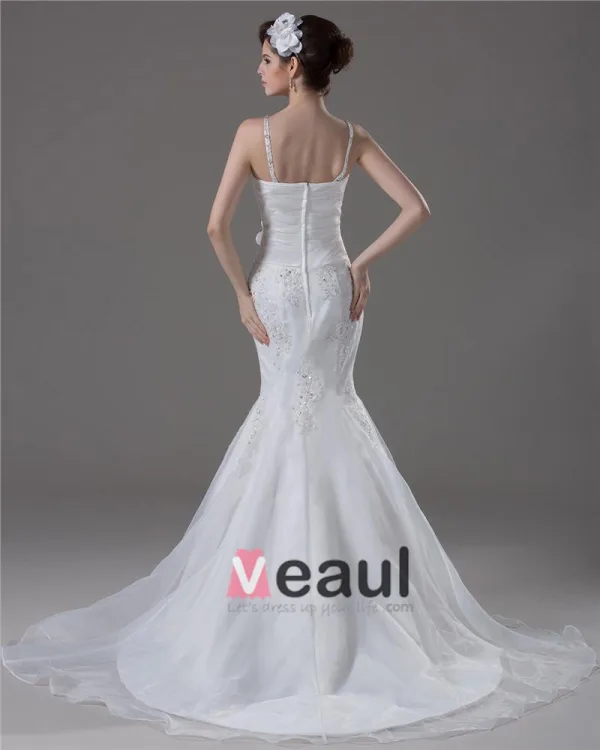 Bretelles Spaghetti Plissee Perles Etage Longueur Robe De File De Mariée Sirène