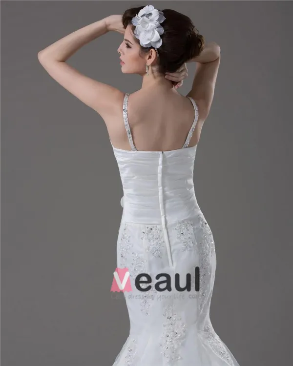 Bretelles Spaghetti Plissee Perles Etage Longueur Robe De File De Mariée Sirène
