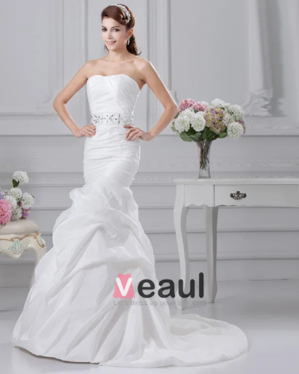 Charmeuse Beaded Ruffle Strapless Court A-line Bridal Gown Wedding Dress