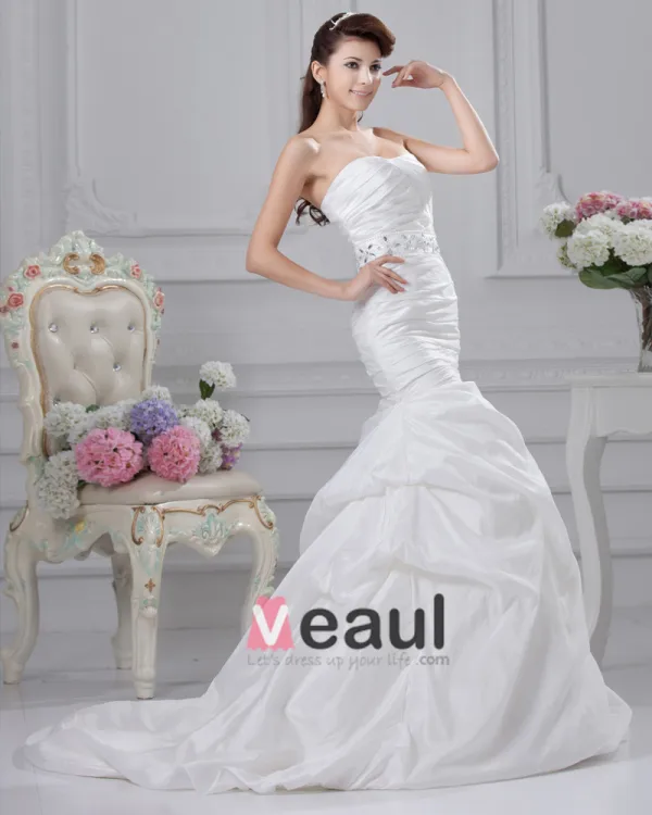 Charmeuse Beaded Ruffle Strapless Court A-line Bridal Gown Wedding Dress