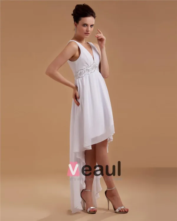 Ceinture Applique Col V Mini Robe / Graduation Des Robes De Mariage De Robe De Mariée Courtes
