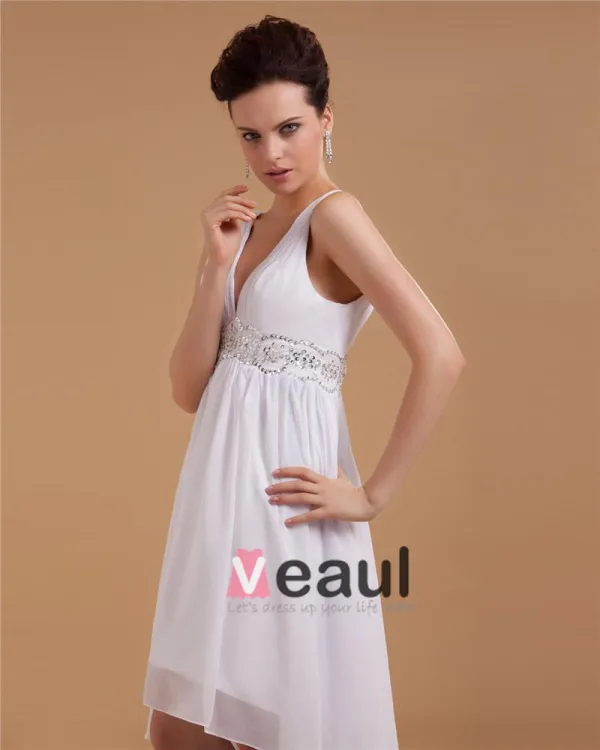 Ceinture Applique Col V Mini Robe / Graduation Des Robes De Mariage De Robe De Mariée Courtes