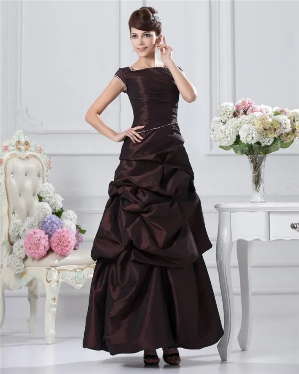 A-line Square Short Sleeve Floor-length Taffeta Prom Dress