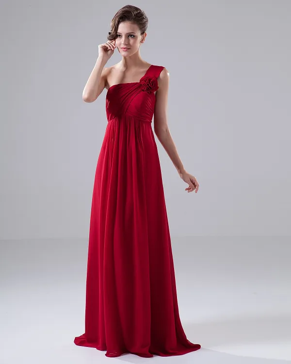 En Skulder Blomst Krusning Chiffon Gulv Lengde Brudepikekjoler