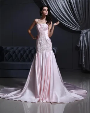 Satin Beading Embroidery Halter Court Mermaid Bridal Gown Wedding Dress