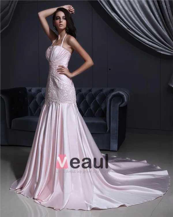 Satin Beading Embroidery Halter Court Mermaid Bridal Gown Wedding Dress