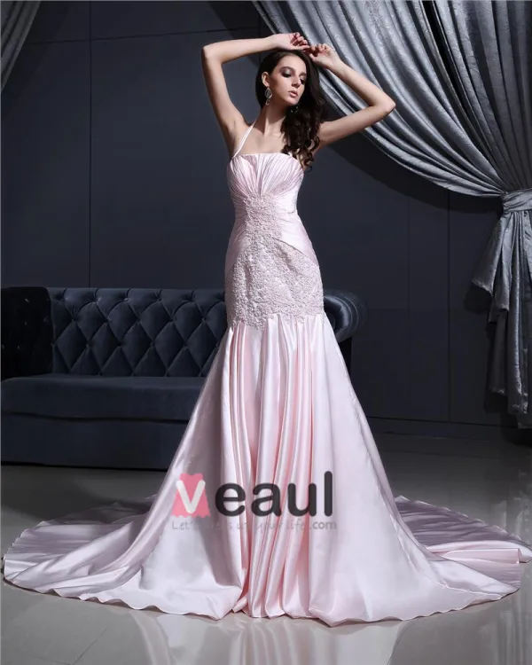 Satin Beading Embroidery Halter Court Mermaid Bridal Gown Wedding Dress