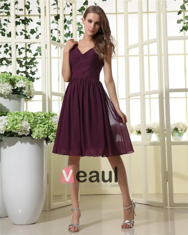Amylinda Mousseline A Volants V Neck Longueur Genou Robe / Graduation Des Robes De Demoiselle D'honneur Robe